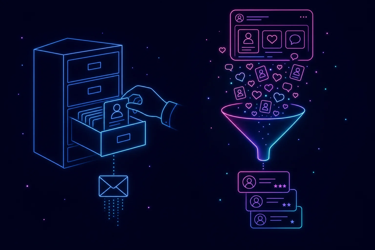 Neon line illustration contrasting a structured CRM database cabinet with a social-fed talent pool funnel filling with candidate cards