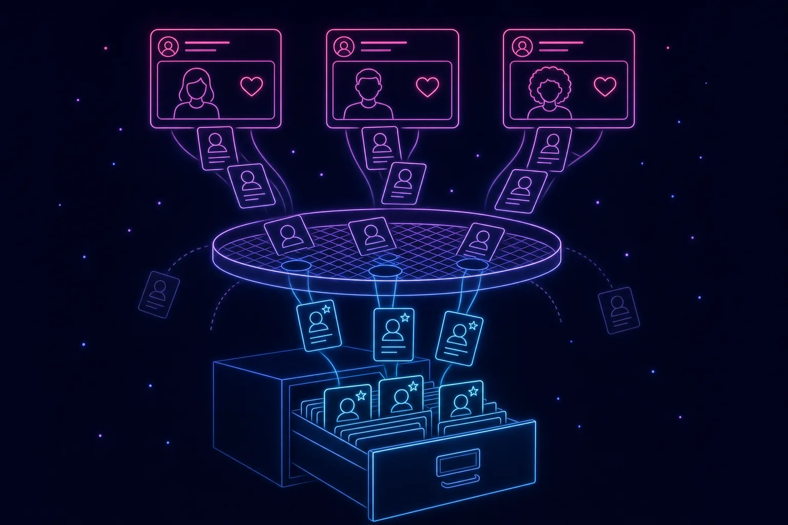Neon line illustration of a social sourcing layer funnelling screened candidate cards into an ATS filing system
