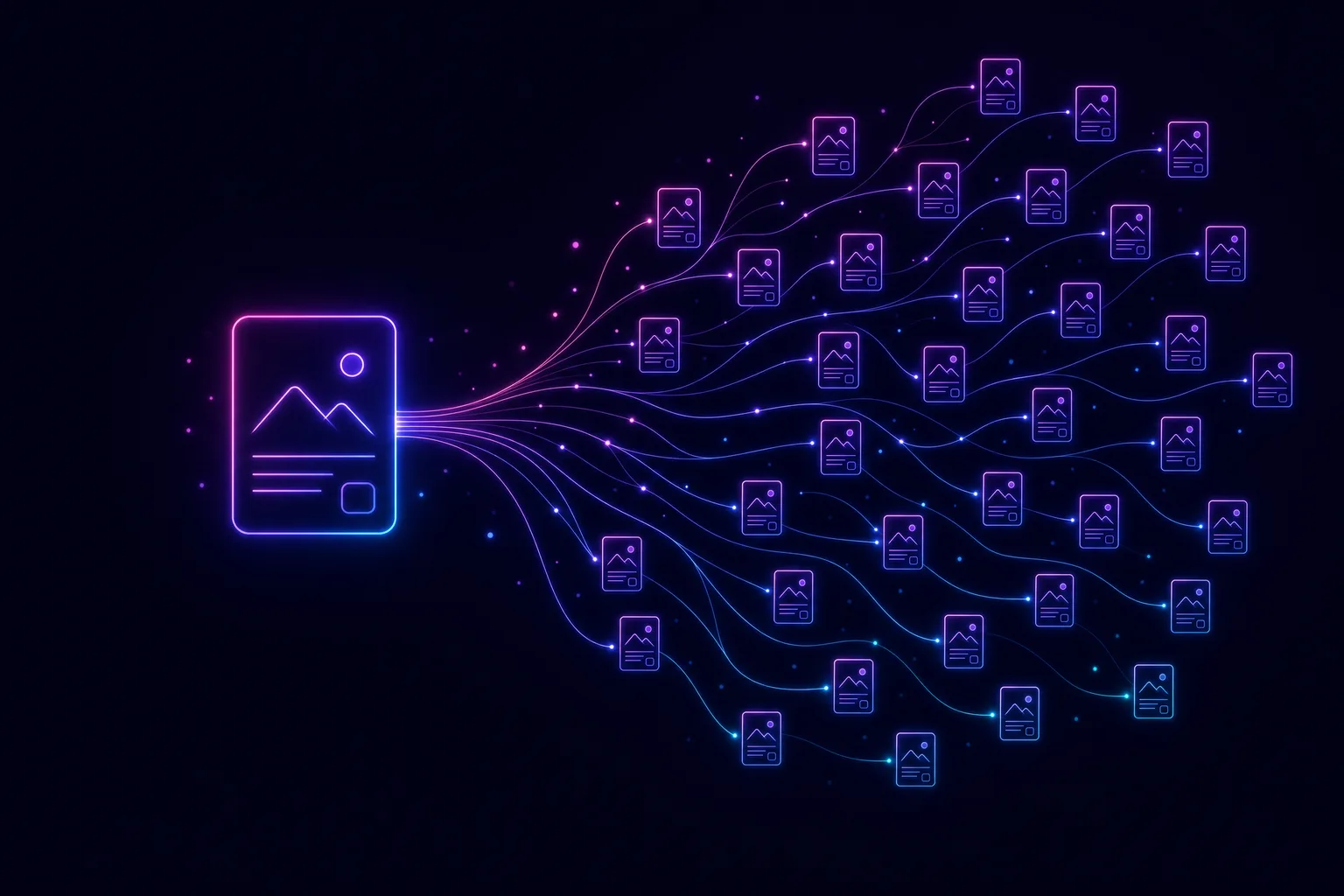 Neon line illustration of a single employer-brand asset fanning out into glowing social-feed cards across a dark navy field