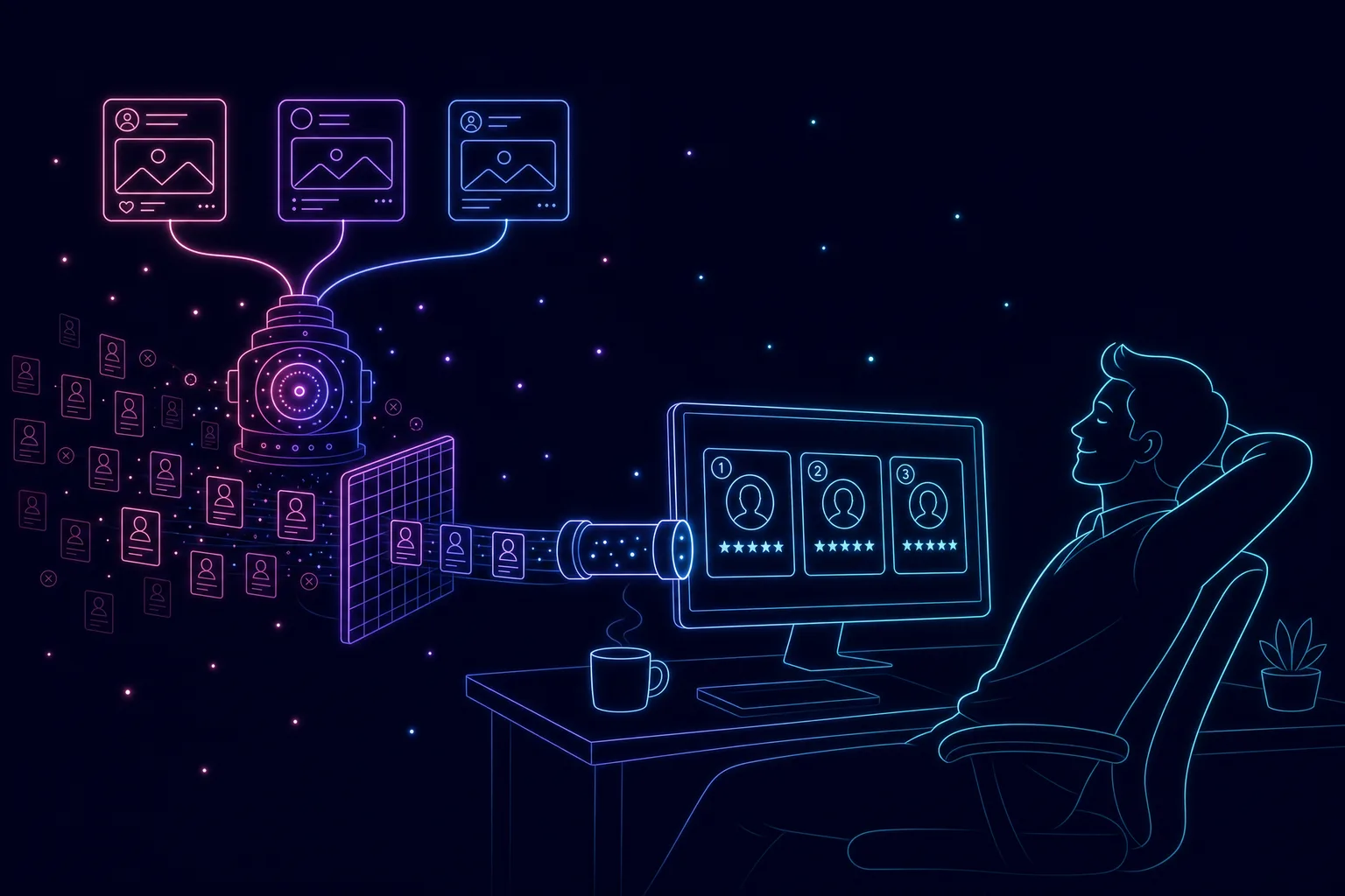 Neon line illustration of a relaxed recruiter at a desk while an automated engine runs social job ads and delivers ranked candidate cards