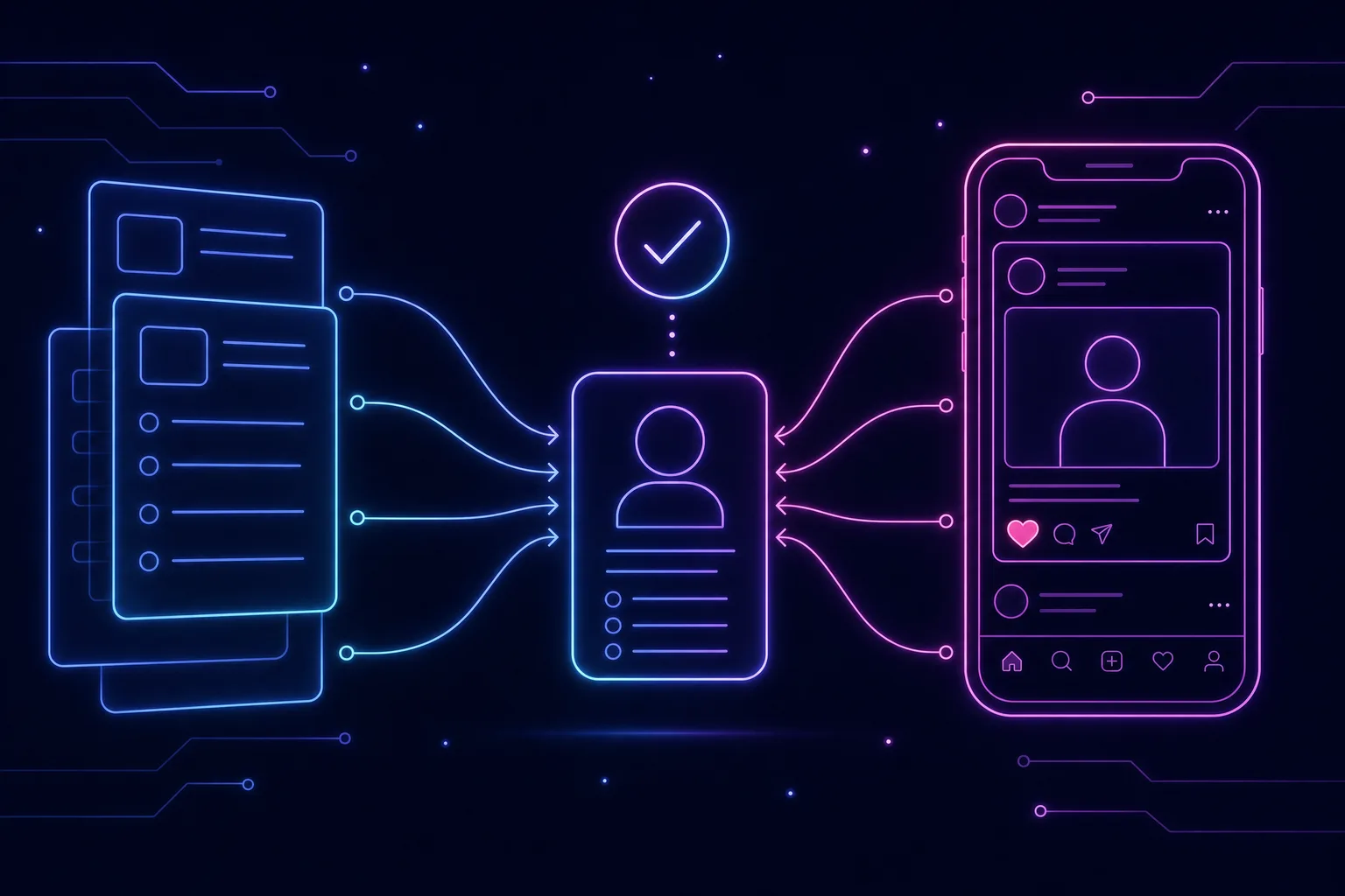 Neon line illustration of job-board listings and a social feed converging into one screened candidate profile