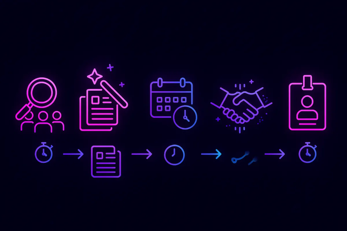 Five hiring workflow stages with AI microchips and stopwatches showing accelerated progression