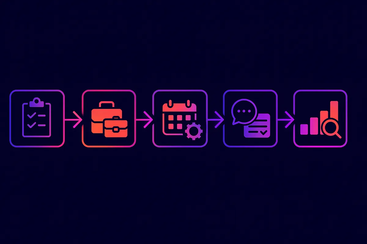 Six-step timeline icons show metrics definition, role selection, timeline set, time tracking, recruiter survey, vendor 