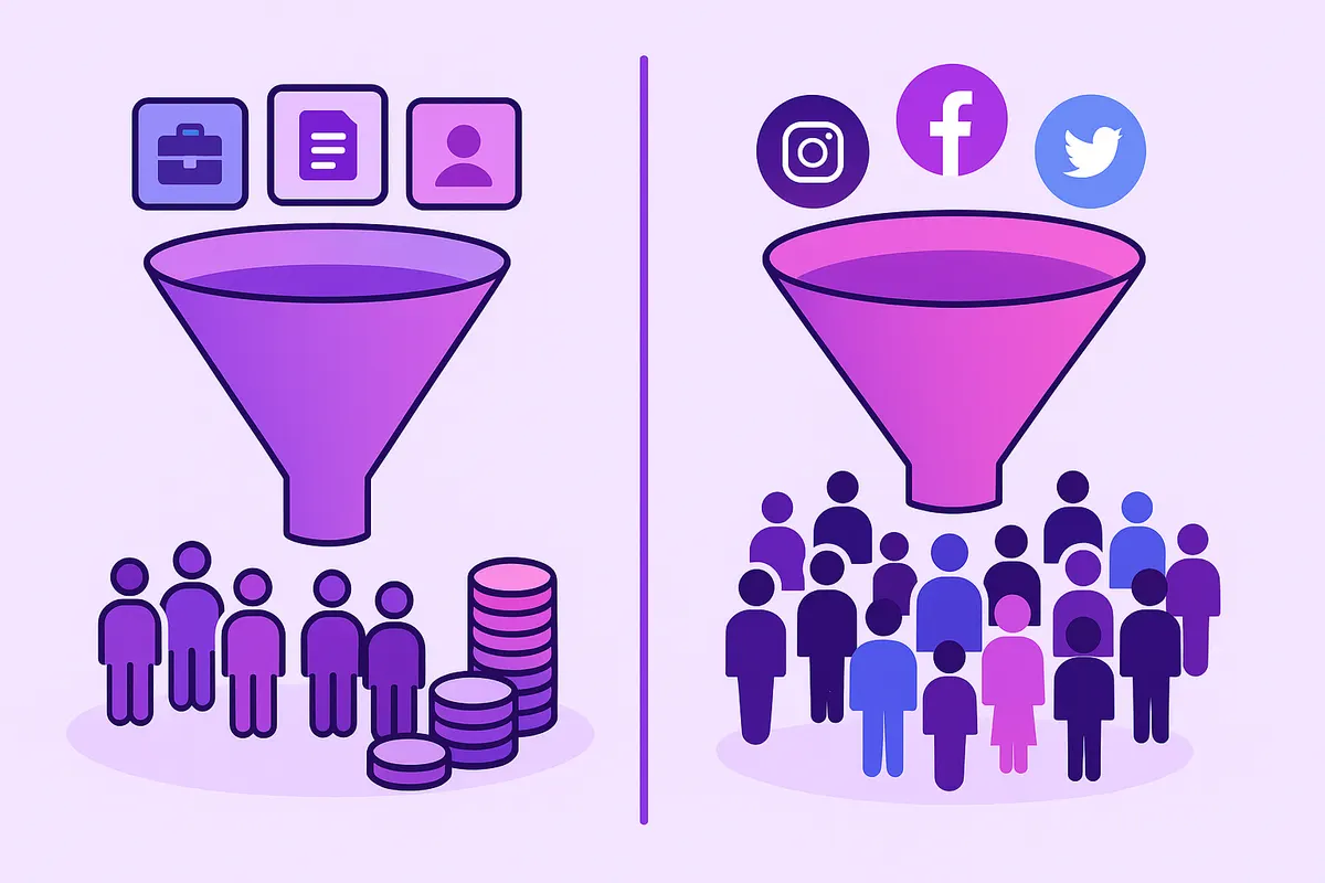 Split graphic contrasting narrow high-cost job board funnel versus broader low-cost social media recruiting funnel