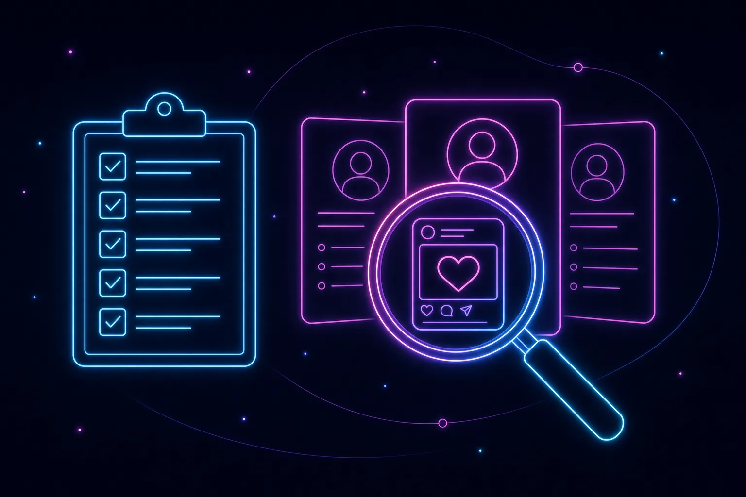 Neon line illustration of a buyer's checklist beside vendor cards, with a magnifier highlighting a social feed icon