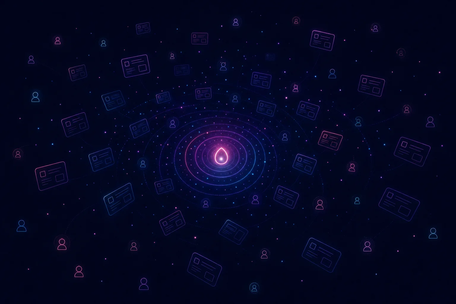 Neon line illustration of a single glowing employer-brand node radiating outward into scattered social-feed cards and candidate dots on a dark navy field