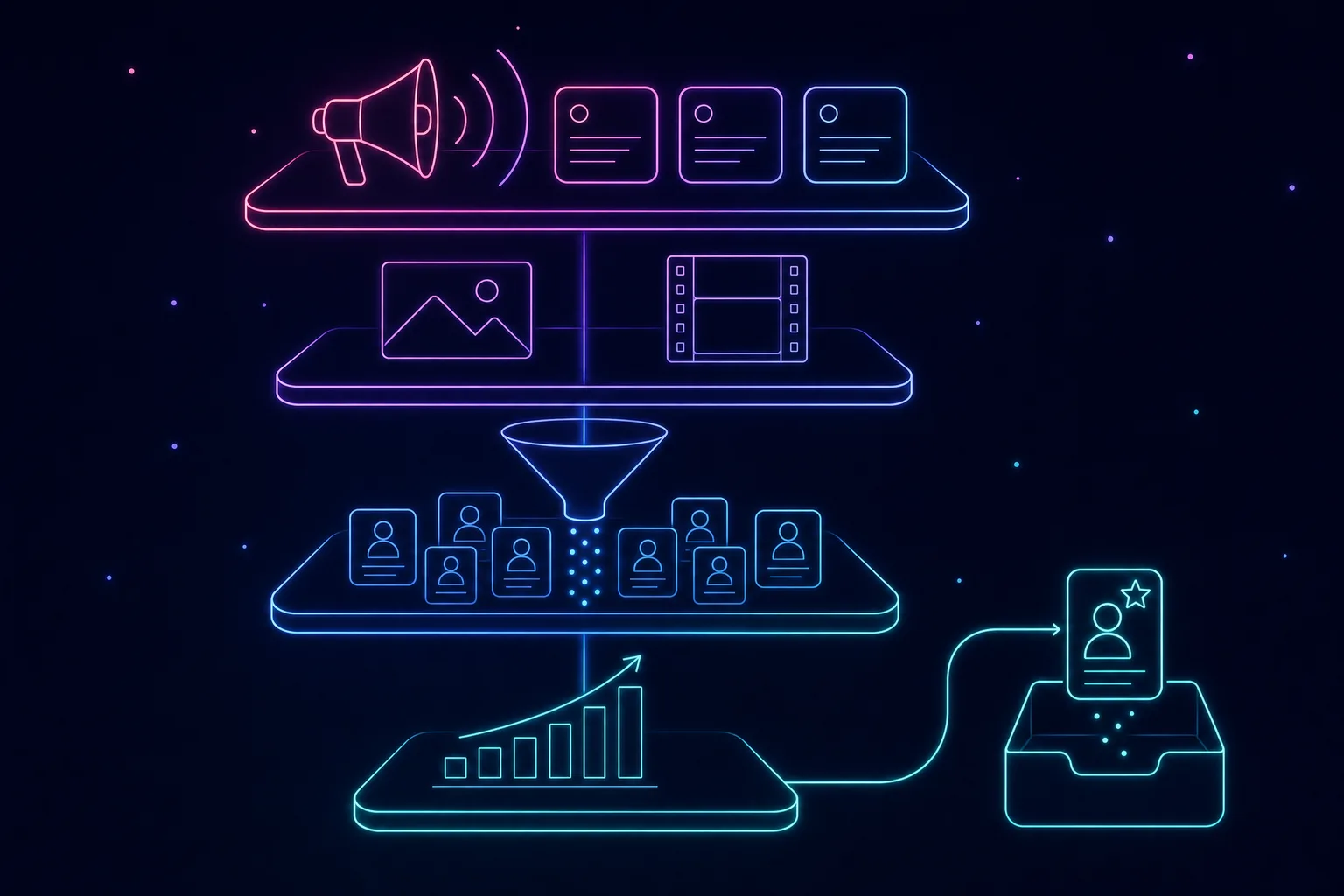 Neon line illustration of four stacked layers, distribution, content, nurture and measurement, feeding candidates from ad channels into an ATS