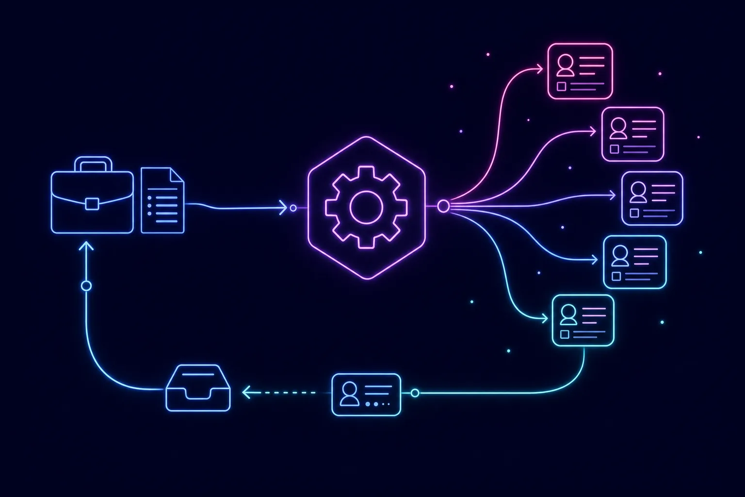 Neon line illustration of an automated engine turning a job requisition into ads across social app frames, with a candidate profile returning to an inbox