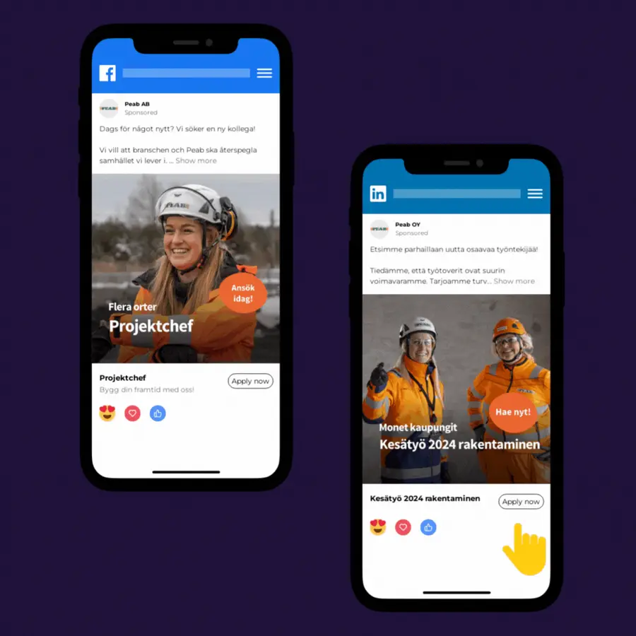 Peab social job ads running on Instagram Stories and Feed