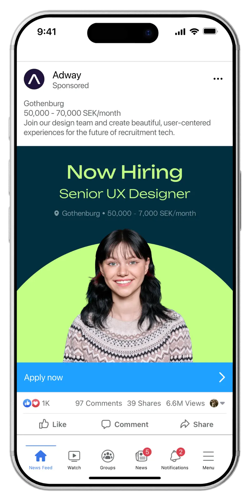 Social Apply job ad inside the Facebook feed — talent applies in under 60 seconds