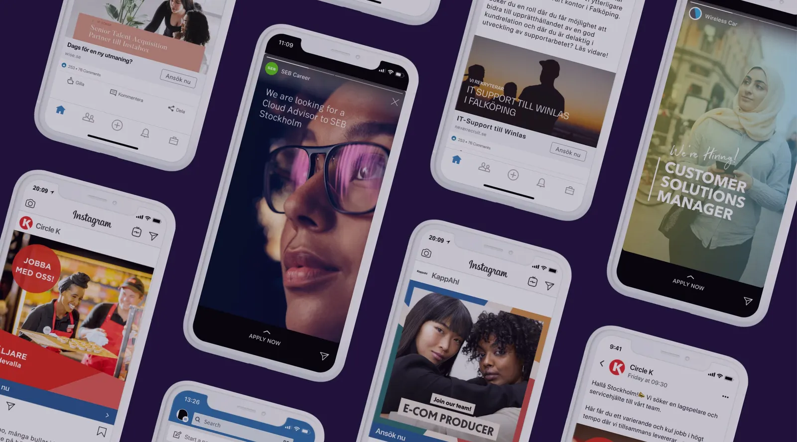 Collage of branded social job ads created with Adway