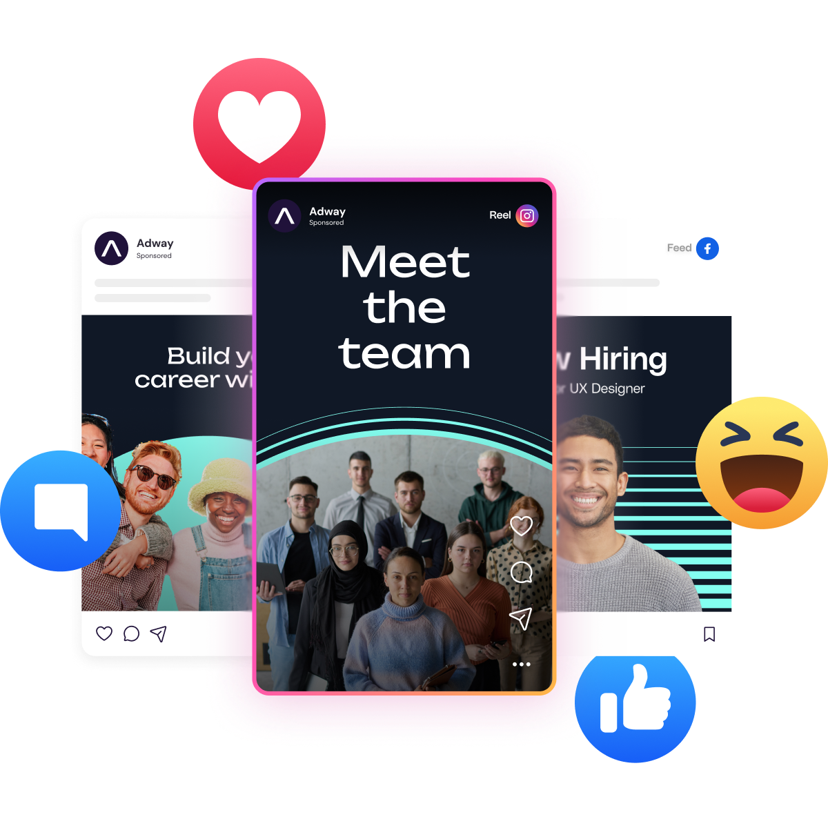 Adway social ad creatives — “Meet the team” and “Now Hiring” posts running natively across Instagram, Facebook and LinkedIn