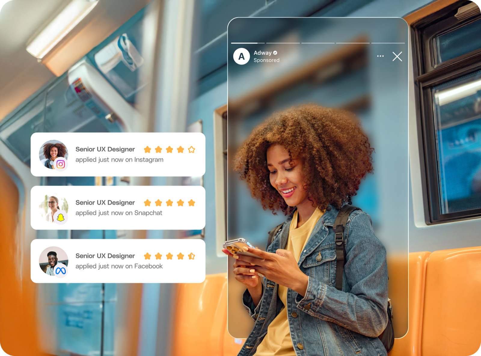 Adway job ads reaching a candidate in-feed while she scrolls social, with applications landing in real time