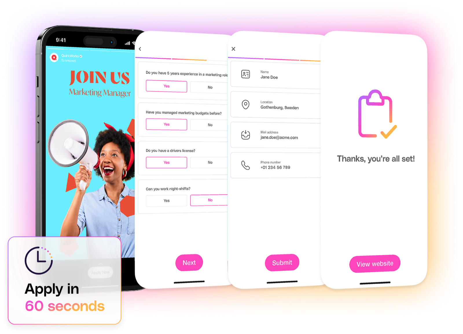 One-click Social Apply — a candidate completing a job application in under 60 seconds, synced to the ATS